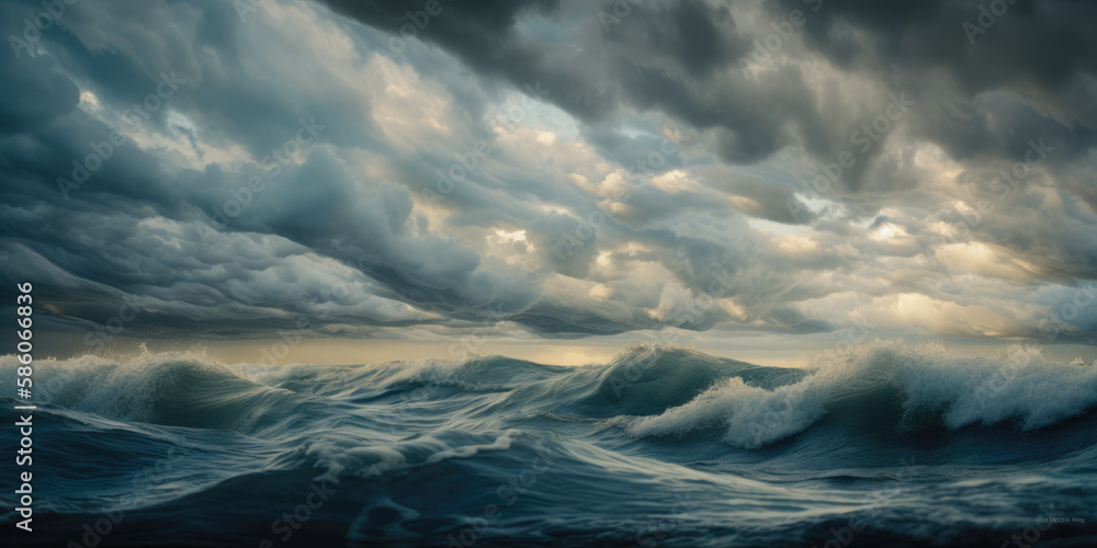 Pacific ocean storm with turbulent waves near dusk, deep blue sea, thunderstorm rain clouds forming, fading sunlight, dangerous surf, dark overcast mood - generative AI Pacific ocean storm with turbulent waves near dusk, deep blue sea, thunderstorm rain clouds forming, fading sunlight, dangerous surf, dark overcast mood - generative AI