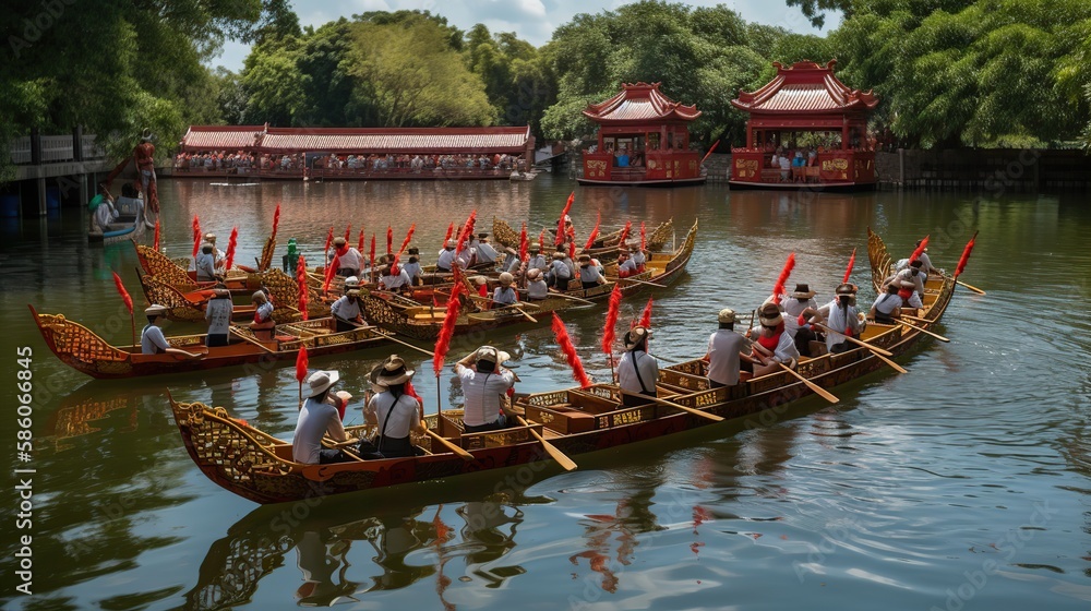 Obraz premium dragon boat race scene in Chinese traditional Dragon Boat Festival. Generative AI illustration.