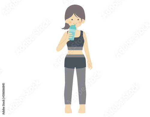 フィトネスウェア 女性 立つ 水分補給 _ ベクター 素材 単品 ヘルスケア 健康 人物 かわいい
