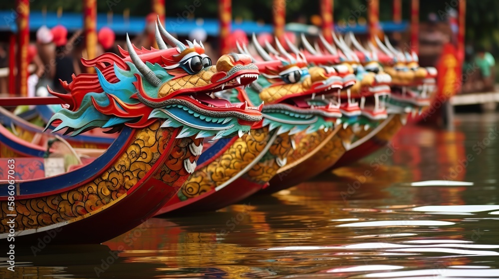 Rowing dragon boats during Duanwu. Generative AI illustration.
