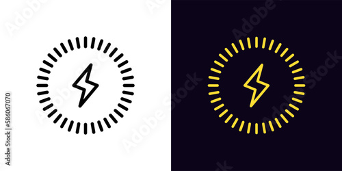 Outline wireless charger icon, with editable stroke. Wireless charging circle with lightning sign, electric charge pictogram. Inductive dock station for charging devices.