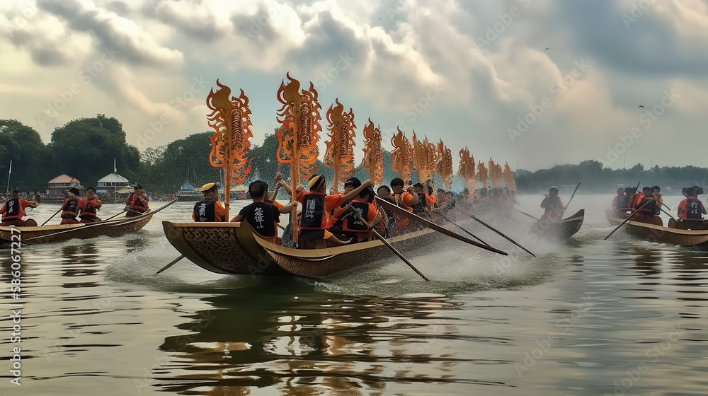 Obraz premium Rowing team race, boat racing. Generative AI illustration.