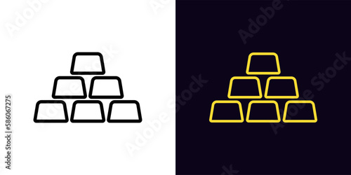 Outline golden bars icon, with editable stroke. Gold ingot sign, golden bullion stack and pyramid pictogram. Gold reserve, bank golden assets, precious metal market and trade, investment.