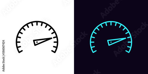 Outline speedometer icon, with editable stroke. Speedometer with scale and arrow, acceleration and high speed pictogram. Speed test and indicator, ultimate level, output capacity.