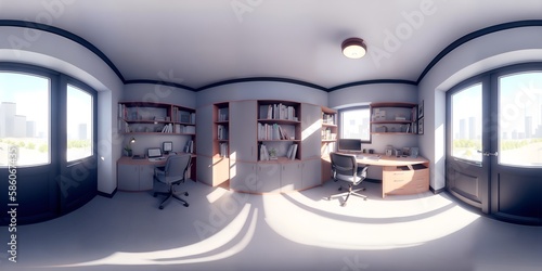 Photo of a cozy study room with a wooden desk and a bookshelf filled with books