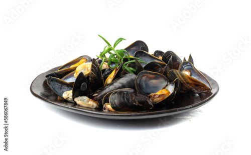 Mussels Pile on Black Plate Isolated, Open Shellfish, Seafood, Mussels Meat, Cooked Clams on White