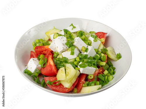 Greek Salad Isolated, Horiatiki Salat with Tomatoes, Cucumbers, Onion, Feta Cheese in White Bowl