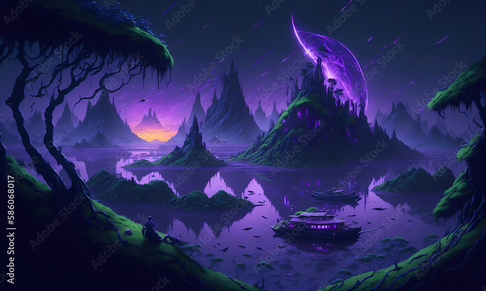 A fantasy world with a purple sunset, green floating island, space-view comets, jungle, birds, Generative AI A fantasy world with a purple sunset, green floating island, space-view comets, jungle, birds, Generative AI