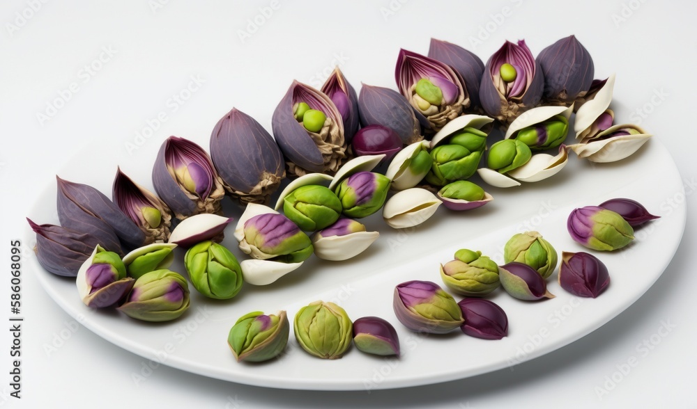 a white plate topped with purple and green flowers and buds. generative ai a white plate topped with purple and green flowers and buds. generative ai
