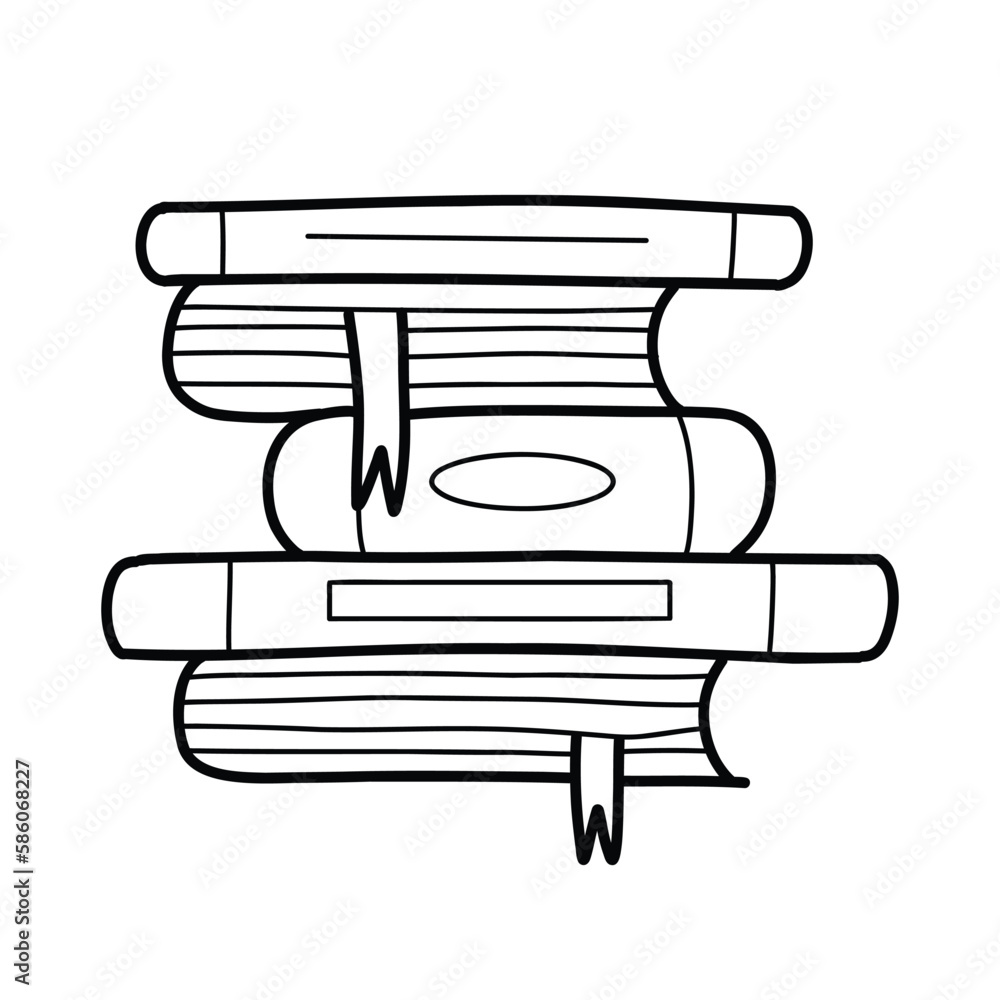 Books on a shelf in doodle style. Vector illustration. Stack of line books.