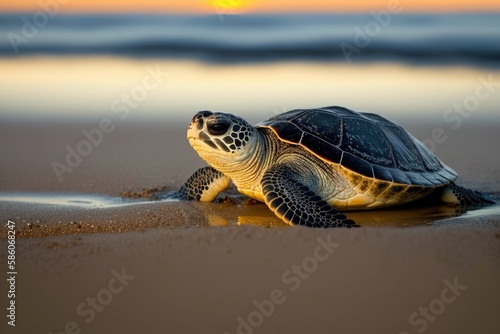 A contemplative turtle slowly making its way across a sandy beach. Generative AI