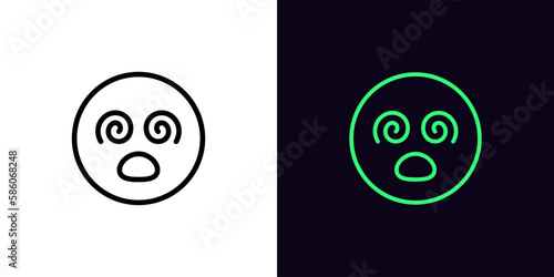 Outline hypnotized emoji icon, with editable stroke. Dizzy emoticon with spiral eyes and open mouth, confused zombie face pictogram. Madness emoji, raving emoticon, psychedelic face.