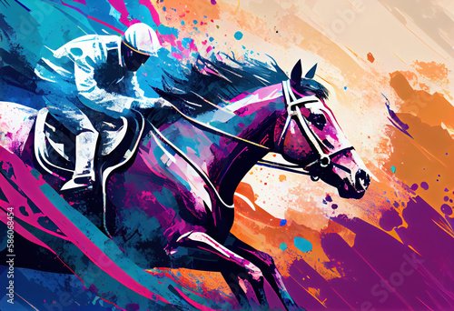 Abstract racing horse with jockey from splash of watercolors. Equestrian sport. Illustration of paints. Generative AI. photo