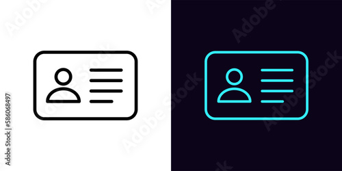 Outline ID card icon, with editable stroke. Personal ID card, driver license pictogram. National ID document, passport, identification identity, personal badge, work pass, verification.