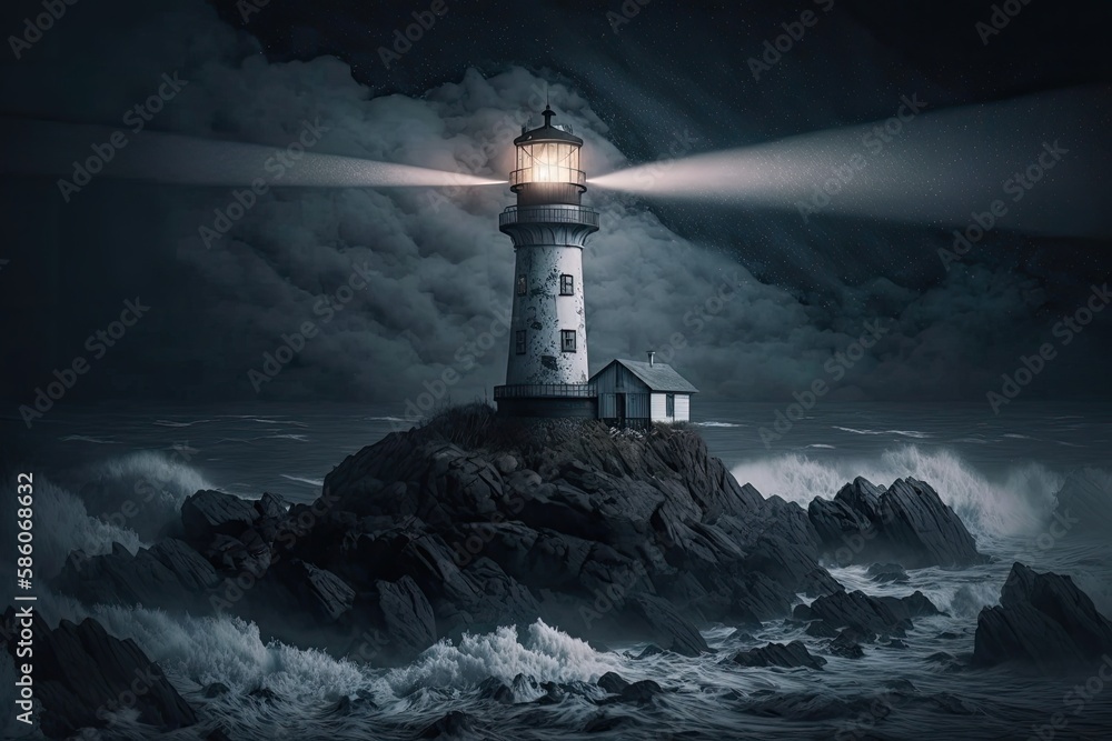 A lighthouse shining brightly in the dark. Generative AI