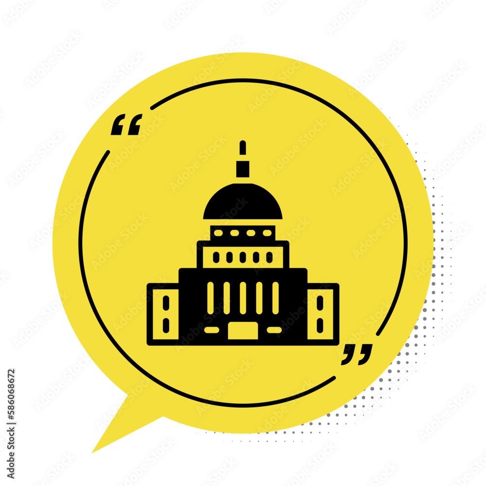 Black White House icon isolated on white background. Washington DC. Yellow speech bubble symbol. Vector