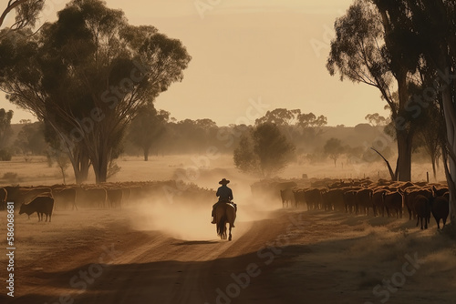 Australian outback landscape with man on horse herding cattle along a dusty road at sunset. Generative AI