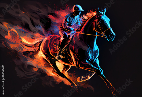 Racing horse with jockey. Equestrian sport. Digital Illustration of paints. Generative AI.