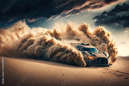 A racecar speeding through a desert, kicking up clouds of sand and dust behind it. Generative AI