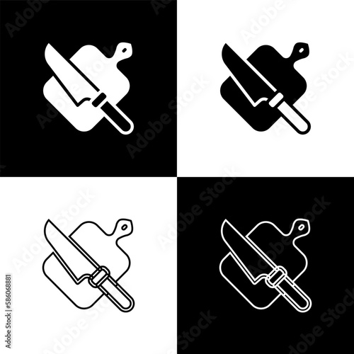 Set Cutting board and knife icon isolated on black and white background. Chopping Board symbol. Cutlery symbol. Vector