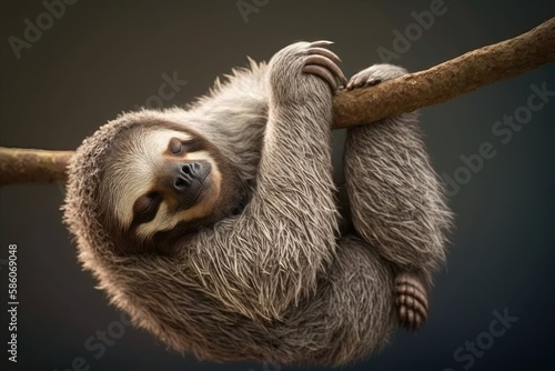 A sloth hanging upside down from a tree branch, peacefully sleeping. Generative AI
