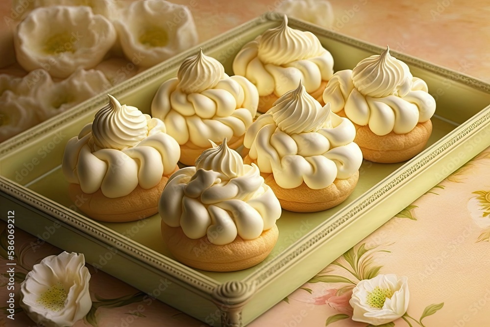 A tray of delicate cream puffs filled with fluffy whipped cream. Generative AI A tray of delicate cream puffs filled with fluffy whipped cream. Generative AI