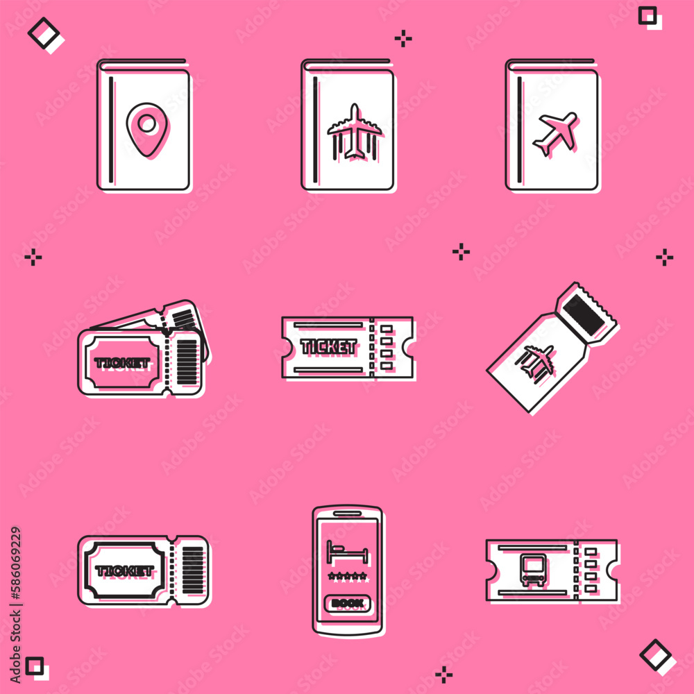 Set Cover book travel guide, Ticket, Airline ticket, and Online hotel booking icon. Vector Set Cover book travel guide, Ticket, Airline ticket, and Online hotel booking icon. Vector