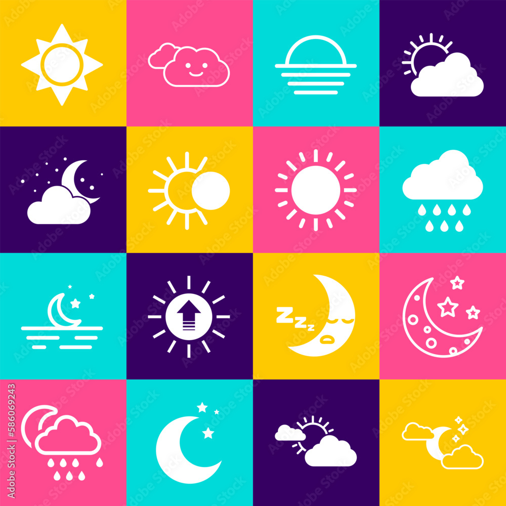 Set Cloud with moon and stars, Moon, rain, Sunset, Eclipse of the sun, and icon. Vector Set Cloud with moon and stars, Moon, rain, Sunset, Eclipse of the sun, and icon. Vector