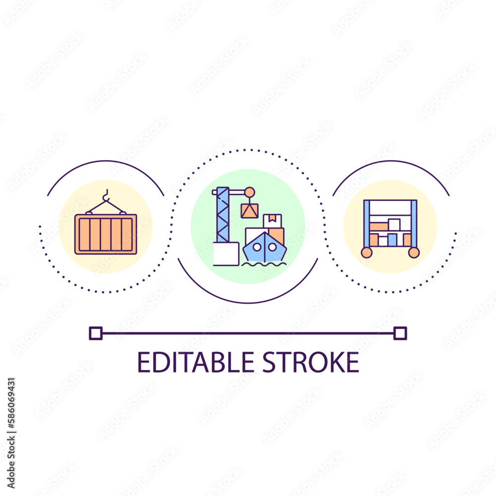 Cargo containers transportation loop concept icon. Marine goods shipment. Supply chain packages abstract idea thin line illustration. Isolated outline drawing. Editable stroke. Arial font used