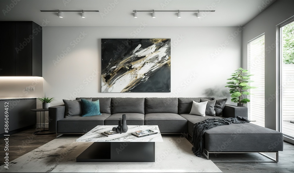 a living room with a couch, coffee table and a painting on the wall. generative ai a living room with a couch, coffee table and a painting on the wall. generative ai