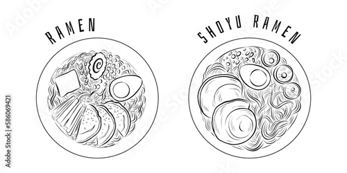 Set of hand-drawn vector illustrations with traditional Japanese ramen soup, view from top. Stylized sketch line art for menu, recipe, web advertising, or print. Outline drawing of Shoyu Ramen. 