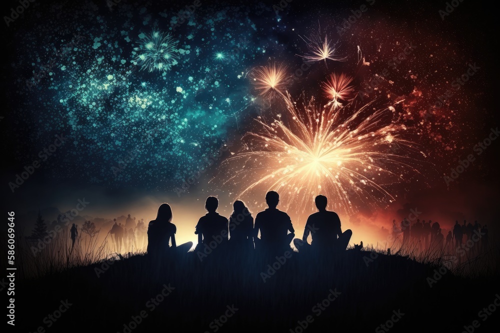 group of people sitting on a grassy hill, watching fireworks explode in the night sky. Generative AI
