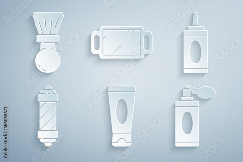 Set Cream or lotion cosmetic tube, Bottle of shampoo, Classic Barber shop pole, Aftershave bottle with atomizer, Hand mirror and Shaving brush icon. Vector