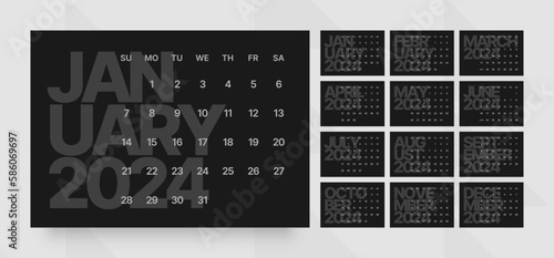 Monthly calendar template for 2024 year. Horizontal calendar grid in black and dark color. Week Starts on Sunday. 