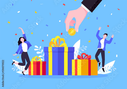 Get online reward and gifts, earn loyalty program points. Get loyalty card and customer service business concept flat design vector illustration. Tiny people with big gift boxes.