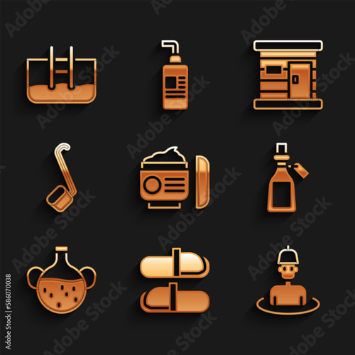 Set Cream or lotion cosmetic tube, Sauna slippers, Man in the sauna, Essential oil bottle, ladle, wooden bathhouse and Swimming pool with ladder icon. Vector