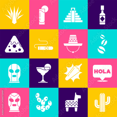 Set Cactus, Hola, Coffee beans, Chichen Itza in Mayan, Cigar, Nachos, Agave and Mexican sombrero icon. Vector