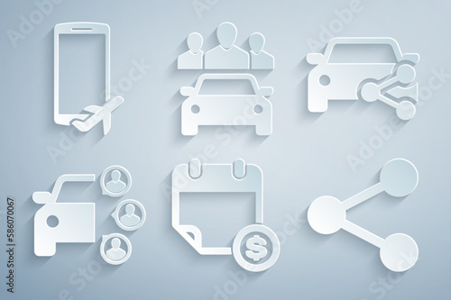 Set Financial calendar, Car sharing, , Share, and Flight mode the mobile icon. Vector