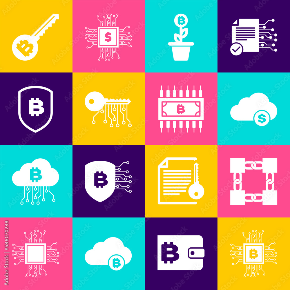 Set CPU mining farm, Blockchain technology, Cryptocurrency cloud, Bitcoin plant the pot, key and Shield with bitcoin icon. Vector Set CPU mining farm, Blockchain technology, Cryptocurrency cloud, Bitcoin plant the pot, key and Shield with bitcoin icon. Vector
