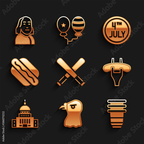 Set Crossed baseball bat, Eagle head, Paper glass, Sausage on the fork, White House, Hotdog sandwich, Calendar with date July 4 and Benjamin Franklin icon. Vector