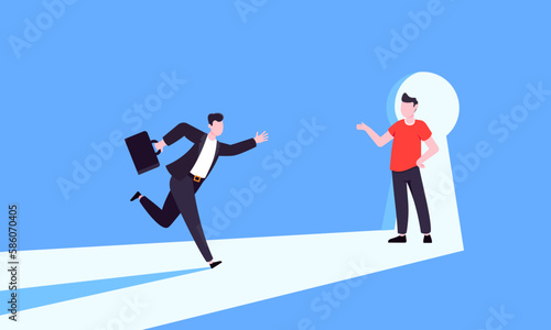 Unlock your opportunity concept with keyhole and ambitious man running to career potential and work financial success flat style vector illustration. New way business beginnings and unlock future.