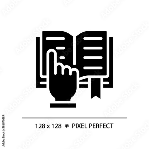 STEM in reading pixel perfect black glyph icon. Curriculum including science. Education activity. Technology. Silhouette symbol on white space. Solid pictogram. Vector isolated illustration