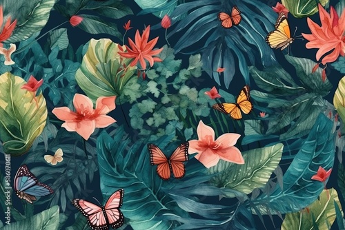 group of colorful butterflies resting on green leaves created with Generative AI technology