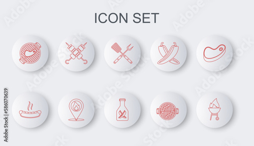 Set line Barbecue grill, Hotdog sandwich, Crossed fork spatula, with sausage, steak, Grilled shish kebab, Location fire flame and Ketchup bottle icon. Vector