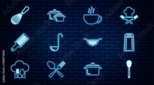 Set line Kitchen whisk, Salt and pepper, Coffee cup, ladle, Grater, colander and Cooking pot icon. Vector
