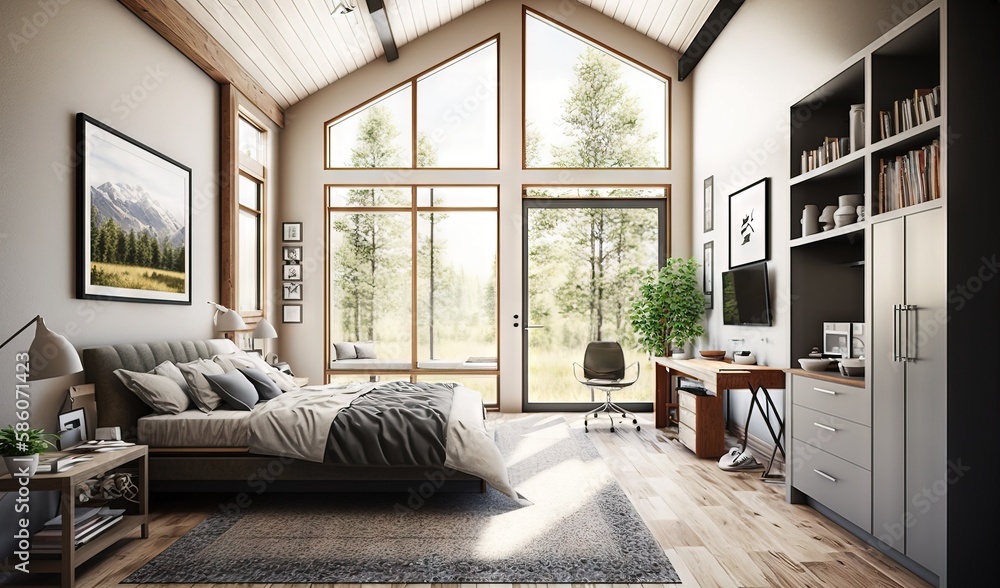 a bedroom with a large window and a bed in it. generative ai a bedroom with a large window and a bed in it. generative ai