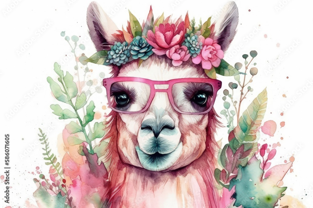 llama wearing glasses and a flower crown created with Generative AI technology