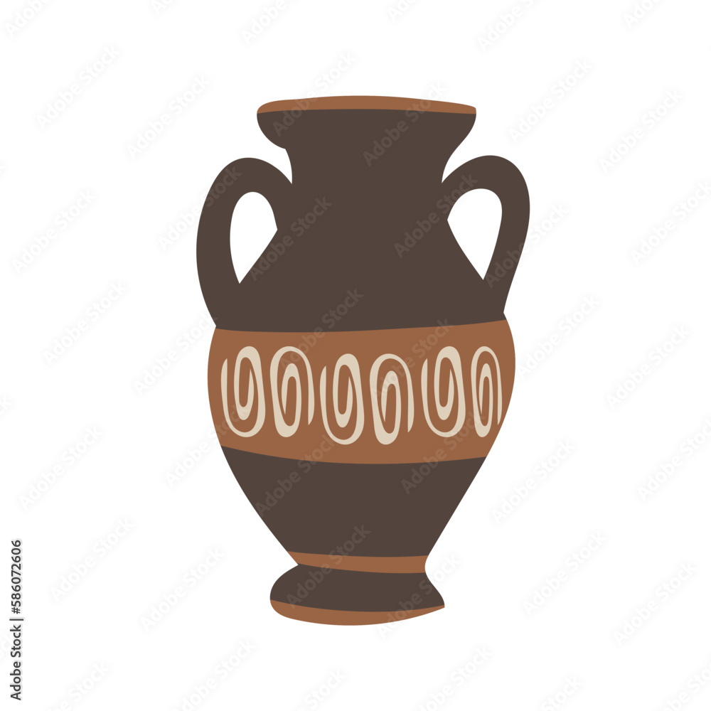 Ancient Greek vase. Pottery vector. Antique jug from Greece. Old clay amphora, pot, urn or jar for wine and olive oil. vintage ceramic icon isolated. Flat cartoon art with ornament decoration