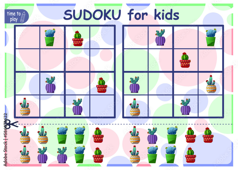 Solve the sudoku puzzle. Logic puzzle for kids. Education game for children. Worksheet vector design for schoolers. cactus