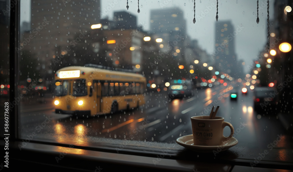  a coffee cup sitting on a window sill in the rain.  generative ai